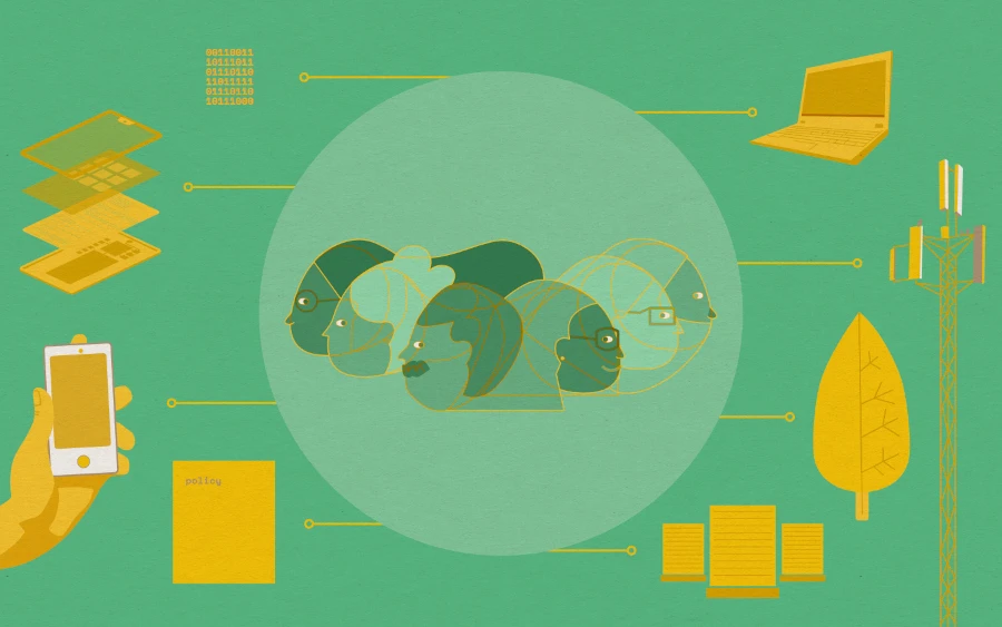 A group of people in the center are linked to diverse technological devices and concepts