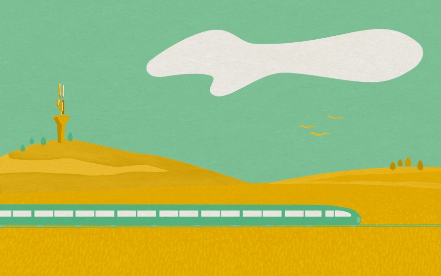 A train in a landscape, in the background a hill with a mobile antenna on top, birds are flying, a bright cloud